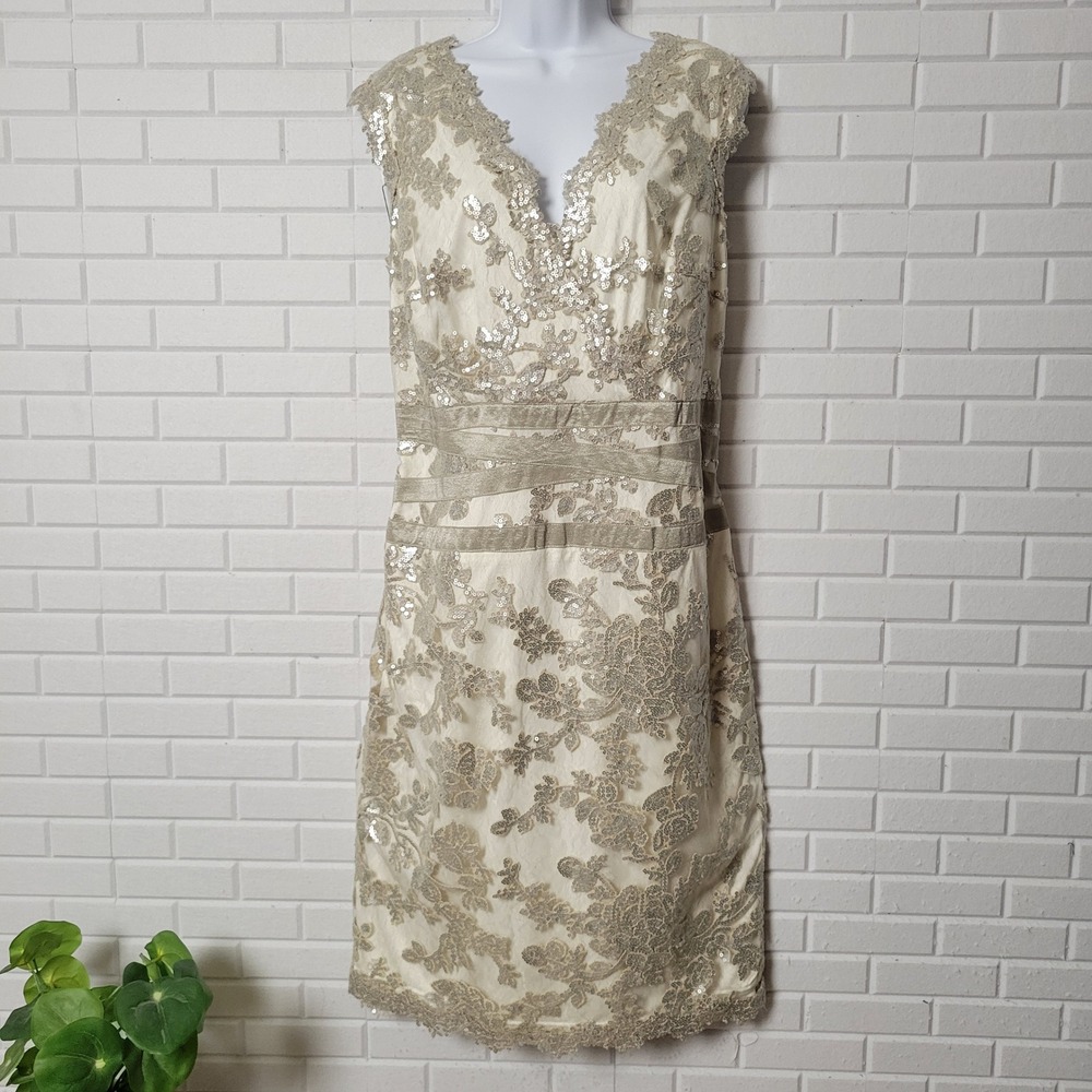 Tadashi Shoji Cocktail Dress 18 Champagne Lace Sequin Bandage Waist Bridal NWT